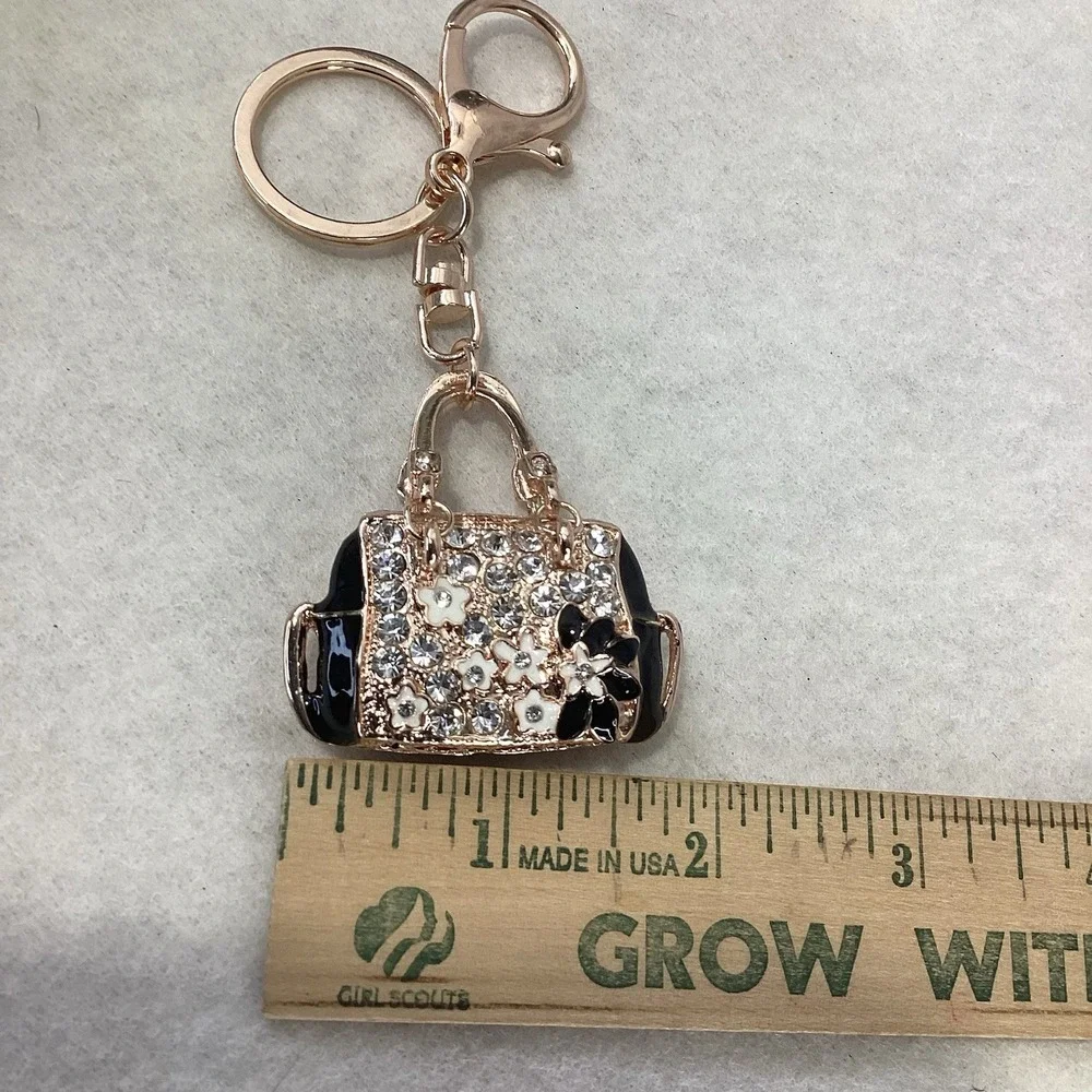 2-Way Black Floral Rhinestone Handbag Charm‎ - Key Chain Rose Gold Tone EUC